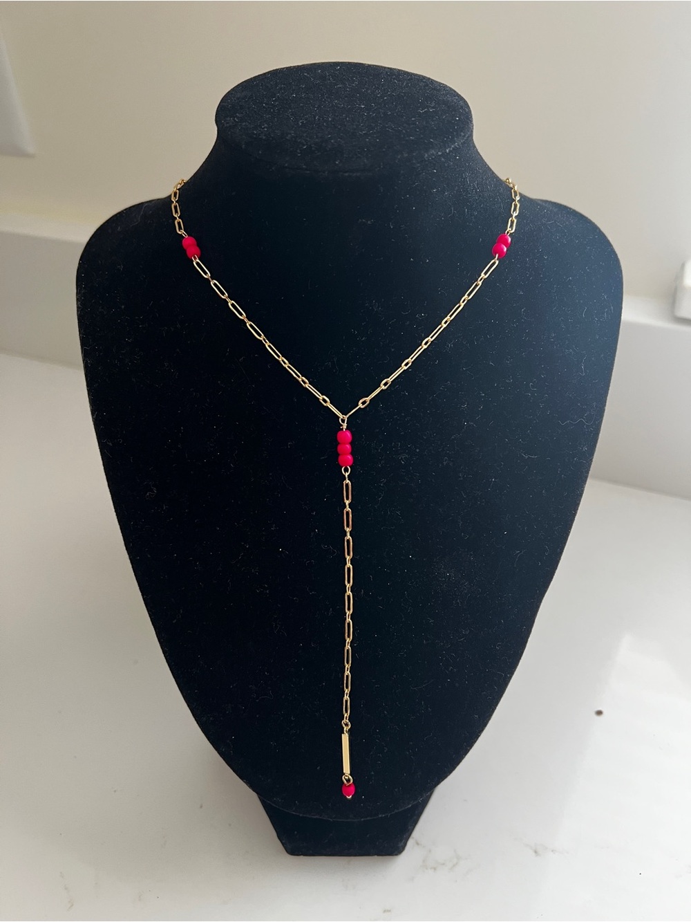 Panacea Gold paperclip Chain Necklace with Pink Beads